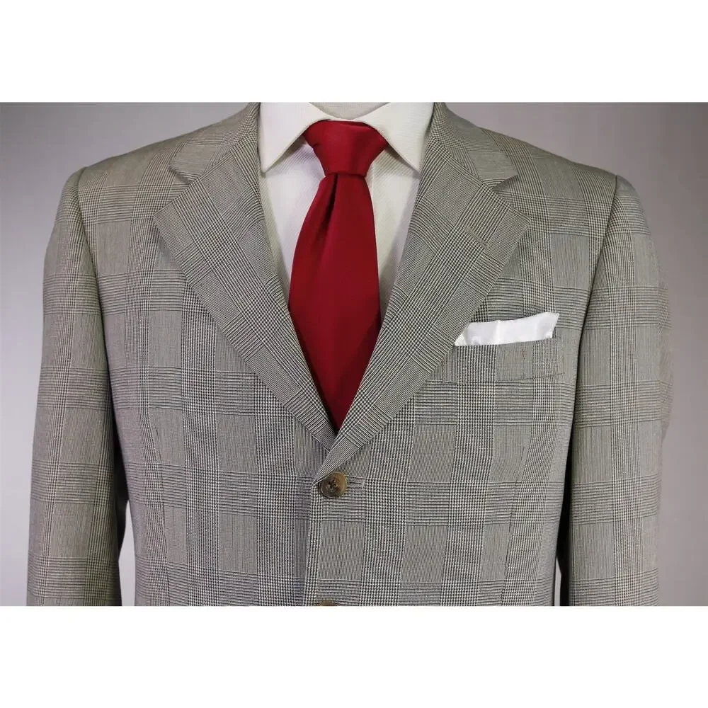 Paul Stuart Olive Green Tan Plaid Wool Silk 3-Btn Suit 38S